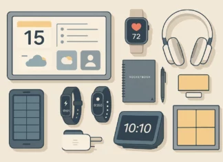 Flat lay med åtta smarta vardagsprylar på ljus bakgrund: en smart display som visar kalender och väder, en smartklocka med pulsmätning, brusreducerande hörlurar, en solcells­powerbank, ett aktivitetsarmband, en modulär takpanel, en återanvändbar Rocketbook-anteckningsbok med penna och en smart högtalare.