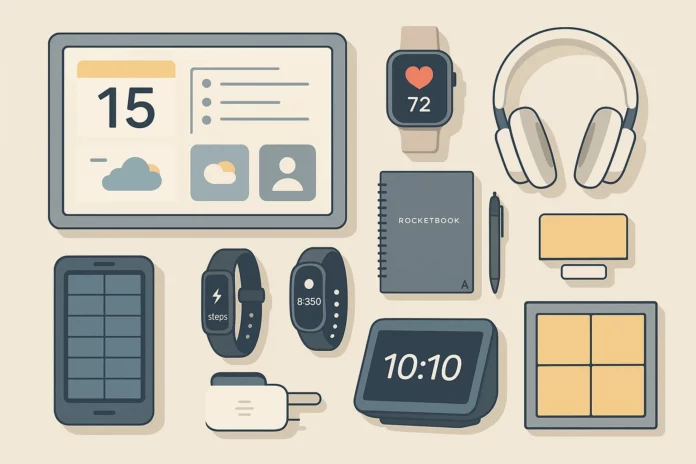Flat lay med åtta smarta vardagsprylar på ljus bakgrund: en smart display som visar kalender och väder, en smartklocka med pulsmätning, brusreducerande hörlurar, en solcells­powerbank, ett aktivitetsarmband, en modulär takpanel, en återanvändbar Rocketbook-anteckningsbok med penna och en smart högtalare.