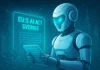 Futuristisk Techies-robot som granskar EU:s AI Act för Sverige med blått AI-glow och digital stad i bakgrunden