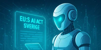 Futuristisk Techies-robot som granskar EU:s AI Act för Sverige med blått AI-glow och digital stad i bakgrunden
