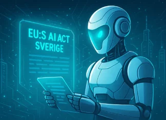 Futuristisk Techies-robot som granskar EU:s AI Act för Sverige med blått AI-glow och digital stad i bakgrunden