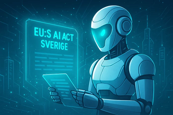 Futuristisk Techies-robot som granskar EU:s AI Act för Sverige med blått AI-glow och digital stad i bakgrunden