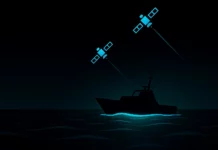 Illustration i flat design av en patrullbåt som färdas genom nattsvart Östersjön medan två turkosa GPS-satelliter riktar sina strålar mot fartyget – visualiserar EU-initierat GPS-skydd i Östersjön 2025.