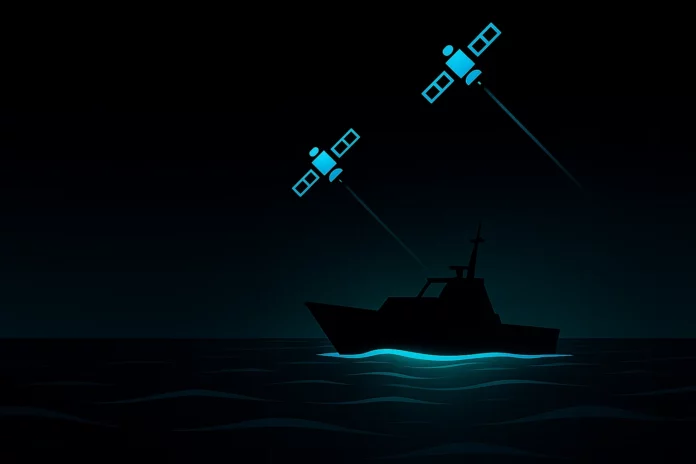 Illustration i flat design av en patrullbåt som färdas genom nattsvart Östersjön medan två turkosa GPS-satelliter riktar sina strålar mot fartyget – visualiserar EU-initierat GPS-skydd i Östersjön 2025.