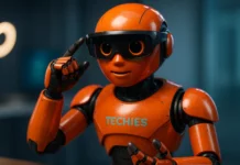 ChatGPT Image illustration av hur de ser utt när techies orangea robot testar AR glasögon.