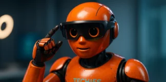 ChatGPT Image illustration av hur de ser utt när techies orangea robot testar AR glasögon.