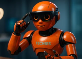 ChatGPT Image illustration av hur de ser utt när techies orangea robot testar AR glasögon.
