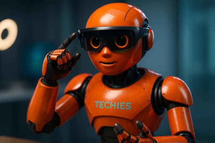 ChatGPT Image illustration av hur de ser utt när techies orangea robot testar AR glasögon.