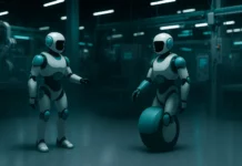 Två futuristiska robotar arbetar i fabrik – en med hjul i stället för ben – i en högteknologisk AI-miljö med turkosa ljuseffekter