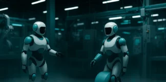 Två futuristiska robotar arbetar i fabrik – en med hjul i stället för ben – i en högteknologisk AI-miljö med turkosa ljuseffekter