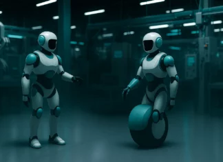 Två futuristiska robotar arbetar i fabrik – en med hjul i stället för ben – i en högteknologisk AI-miljö med turkosa ljuseffekter