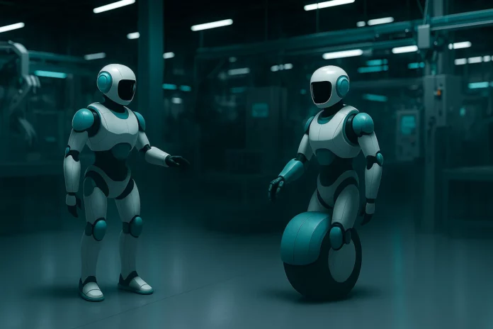 Två futuristiska robotar arbetar i fabrik – en med hjul i stället för ben – i en högteknologisk AI-miljö med turkosa ljuseffekter