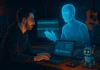 Musikproducent i modern studio samarbetar med AI-hologram, med vågformer och beats på skärmar samt Techies-robot i hörnet – en futuristisk scen som visar kreativt samspel mellan människa och artificiell intelligens.