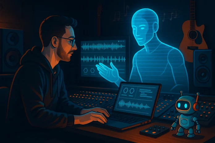 Musikproducent i modern studio samarbetar med AI-hologram, med vågformer och beats på skärmar samt Techies-robot i hörnet – en futuristisk scen som visar kreativt samspel mellan människa och artificiell intelligens.