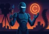 Futuristisk AI-robot med målarpensel och upplyst copyright-symbol framför filmkamera och filmremsa i neonbelyst skymning.