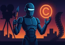 Futuristisk AI-robot med målarpensel och upplyst copyright-symbol framför filmkamera och filmremsa i neonbelyst skymning.