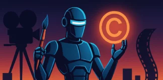 Futuristisk AI-robot med målarpensel och upplyst copyright-symbol framför filmkamera och filmremsa i neonbelyst skymning.