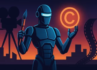 Futuristisk AI-robot med målarpensel och upplyst copyright-symbol framför filmkamera och filmremsa i neonbelyst skymning.