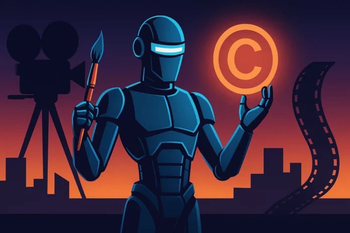 Futuristisk AI-robot med målarpensel och upplyst copyright-symbol framför filmkamera och filmremsa i neonbelyst skymning.