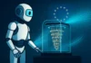 Robot framför en kvantdator med EU-hologram – symbol för Europas kvantstrategi