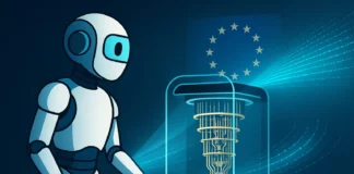Robot framför en kvantdator med EU-hologram – symbol för Europas kvantstrategi