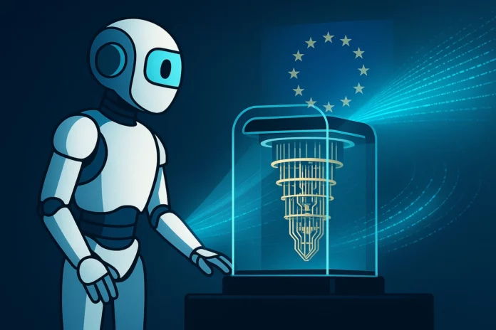 Robot framför en kvantdator med EU-hologram – symbol för Europas kvantstrategi