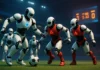 AI robotar som spelar fotboll i två olika lag.