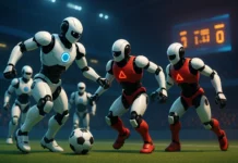 AI robotar som spelar fotboll i två olika lag.
