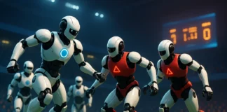AI robotar som spelar fotboll i två olika lag.