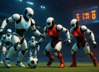 AI robotar som spelar fotboll i två olika lag.