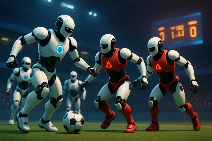 AI robotar som spelar fotboll i två olika lag.