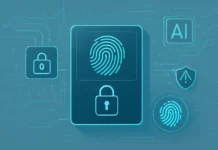 Digital visualisering av säkerhetssystem som upptäcker och blockerar AI-manipulerade bedrägerier.