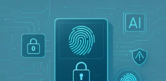 Digital visualisering av säkerhetssystem som upptäcker och blockerar AI-manipulerade bedrägerier.