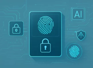 Digital visualisering av säkerhetssystem som upptäcker och blockerar AI-manipulerade bedrägerier.