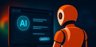 Techies-roboten i orange interagerar med AI-baserad webbläsare från OpenAI