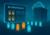 Futuristisk illustration av AI-marknadsplats i molnet med kapselliknande AI-agenter och serverhall – inspirerad av AWS AI Agent Marketplace.