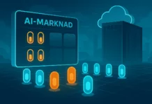 Futuristisk illustration av AI-marknadsplats i molnet med kapselliknande AI-agenter och serverhall – inspirerad av AWS AI Agent Marketplace.