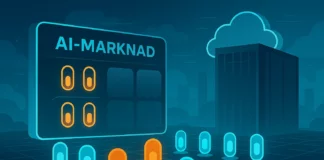 Futuristisk illustration av AI-marknadsplats i molnet med kapselliknande AI-agenter och serverhall – inspirerad av AWS AI Agent Marketplace.