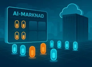 Futuristisk illustration av AI-marknadsplats i molnet med kapselliknande AI-agenter och serverhall – inspirerad av AWS AI Agent Marketplace.