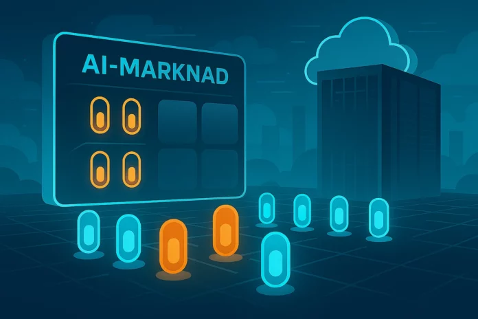 Futuristisk illustration av AI-marknadsplats i molnet med kapselliknande AI-agenter och serverhall – inspirerad av AWS AI Agent Marketplace.