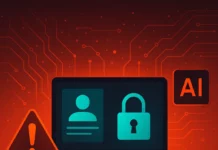 Illustration av AI-rekryteringssystem med varningssymbol och cybersäkerhetsrisk – fokus på dataintrång i HR och personuppgiftshantering.