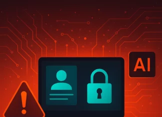 Illustration av AI-rekryteringssystem med varningssymbol och cybersäkerhetsrisk – fokus på dataintrång i HR och personuppgiftshantering.