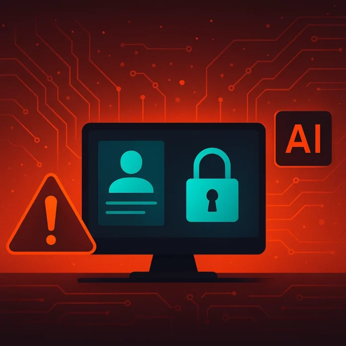 Illustration av AI-rekryteringssystem med varningssymbol och cybersäkerhetsrisk – fokus på dataintrång i HR och personuppgiftshantering.