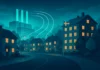 Futuristisk illustration av svenskt bostadsområde som värms av spillvärme från datacenter