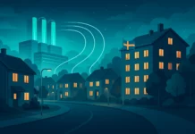 Futuristisk illustration av svenskt bostadsområde som värms av spillvärme från datacenter