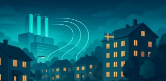 Futuristisk illustration av svenskt bostadsområde som värms av spillvärme från datacenter