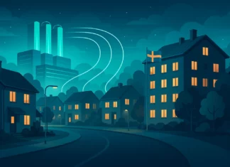 Futuristisk illustration av svenskt bostadsområde som värms av spillvärme från datacenter
