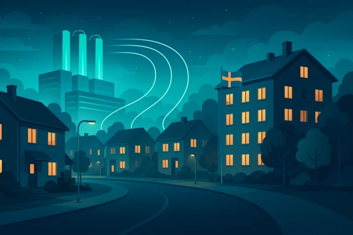 Futuristisk illustration av svenskt bostadsområde som värms av spillvärme från datacenter