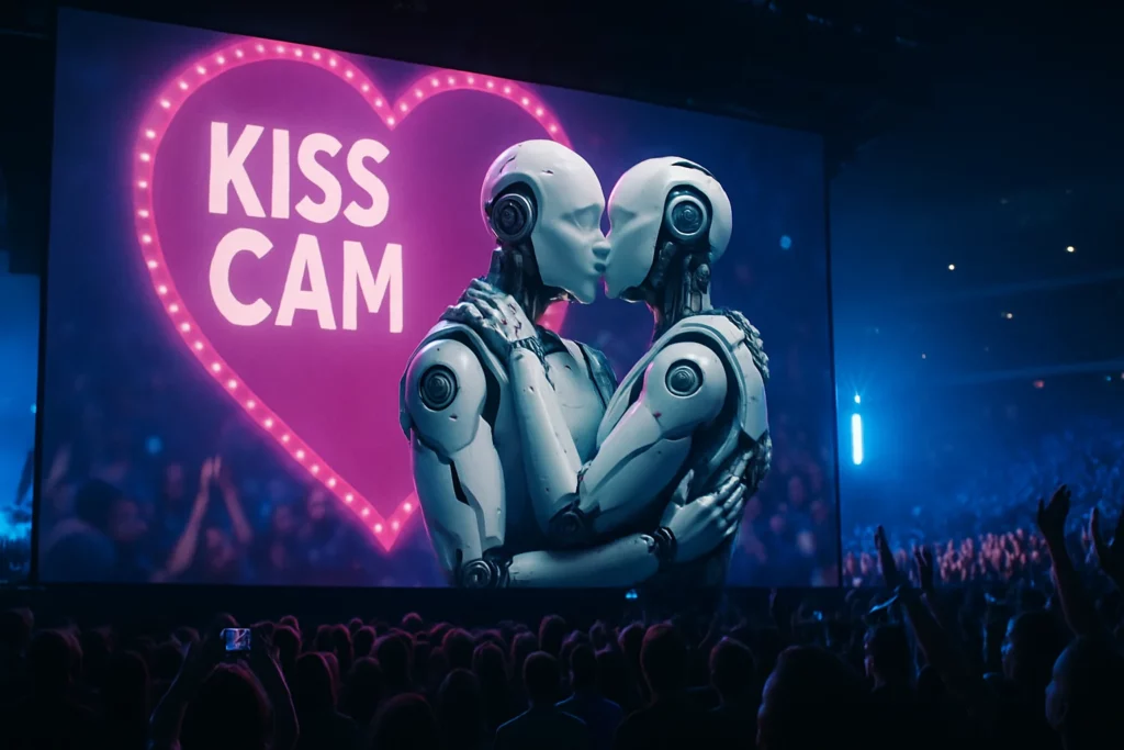 Två AI-robotar filmas på en konsert i en "kiss cam"-situation, med publik, scenljus och storskärm i bakgrunden.