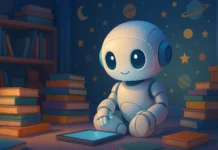 Futuristisk AI-robot med barnvänlig design sitter ensam i ett stämningsfullt barnrum med blå belysning, böcker och surfplatta – stjärnor och planeter syns på väggarna.
